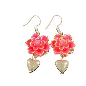 Delicate Rosie Pink Flower Silver Heart Dangle Earrings With Hook Back whimsy